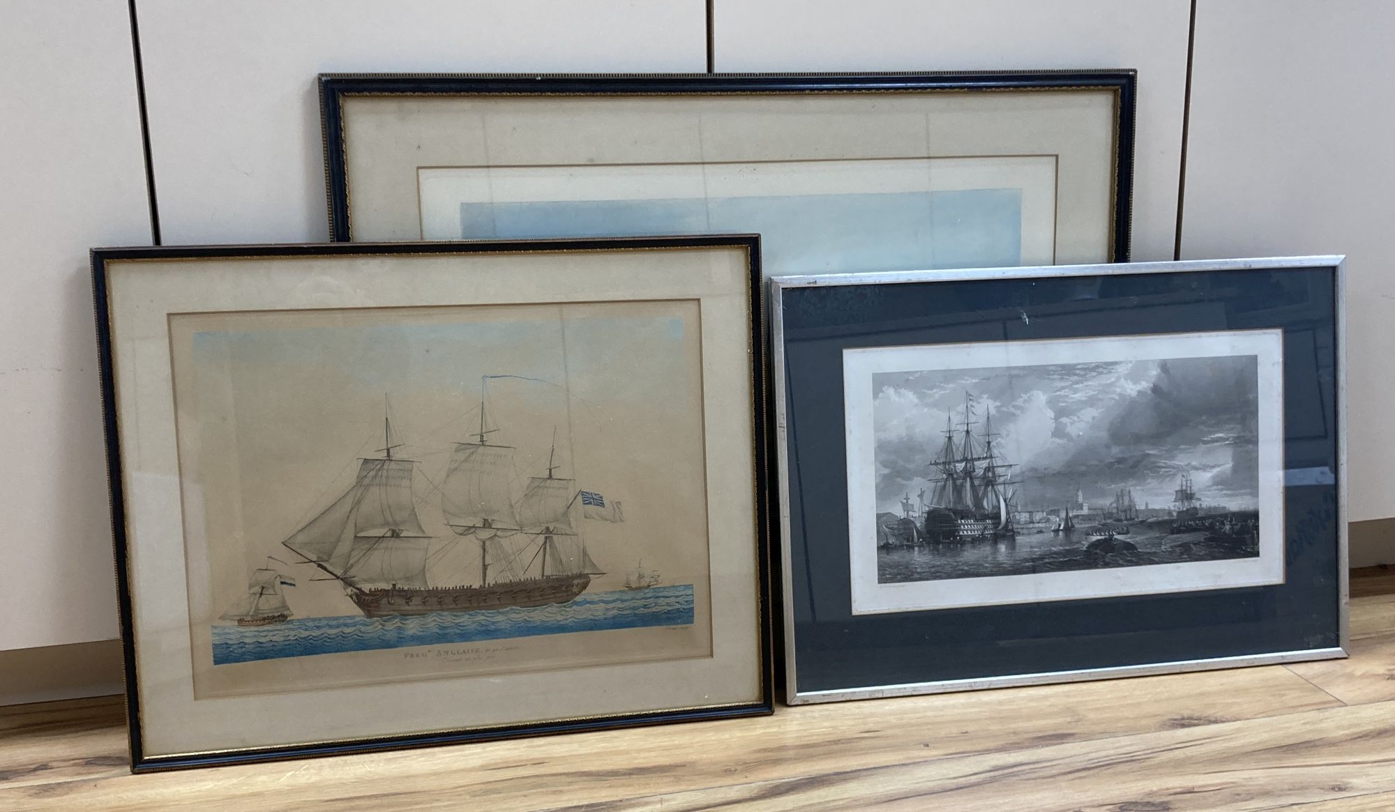 Rosenberg after Huggins, coloured aquatint, Lord Yarboroughs' yacht 'The Falcon', 43 x 62cm, an engraving of Greenwich after Duncan and a French colour print of an English frigate